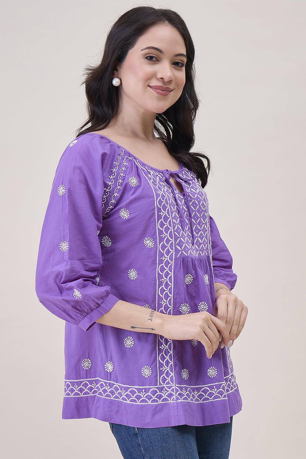 Purple Cotton Top With Front Ties And Chikankari