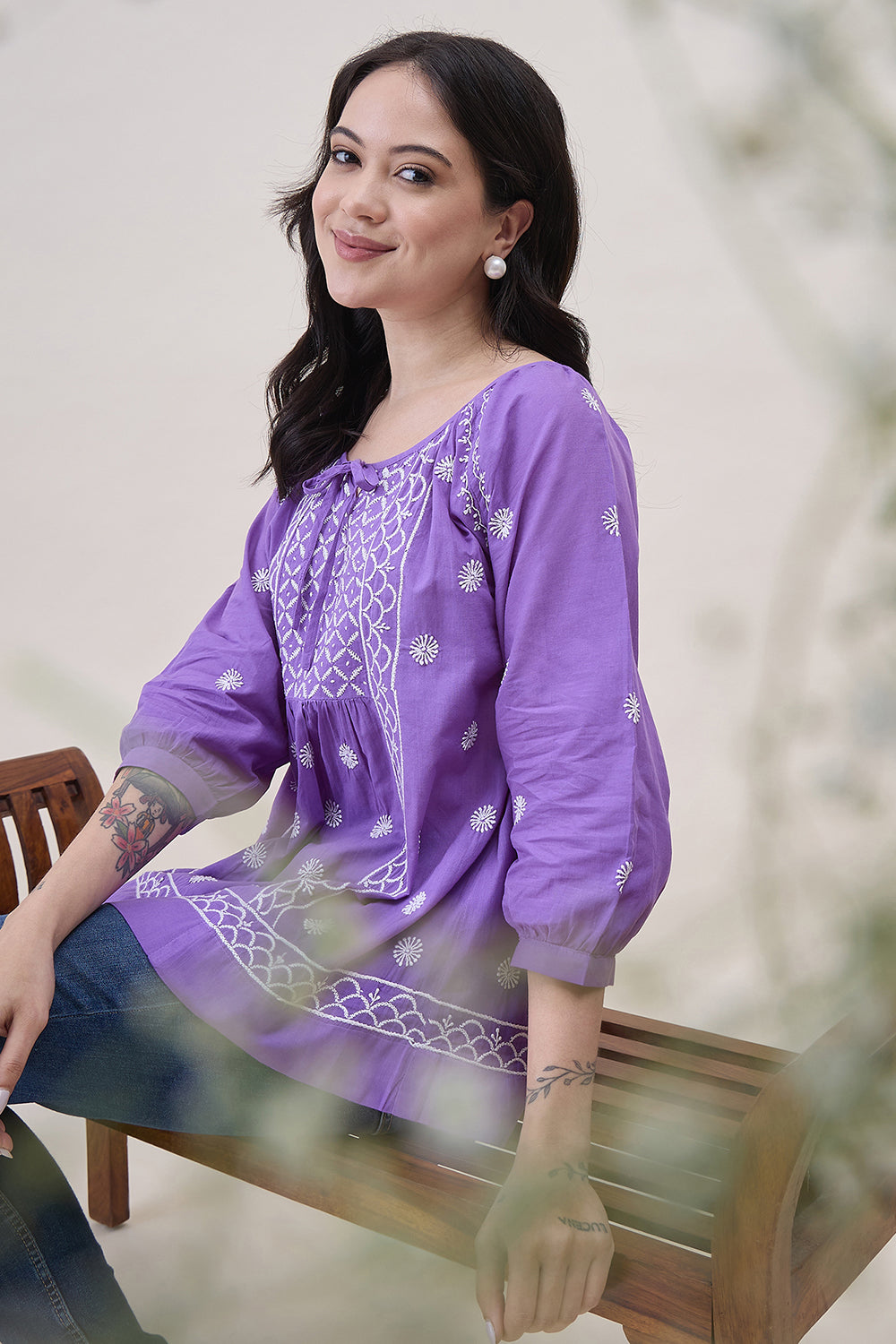 Purple Cotton Top With Front Ties And Chikankari