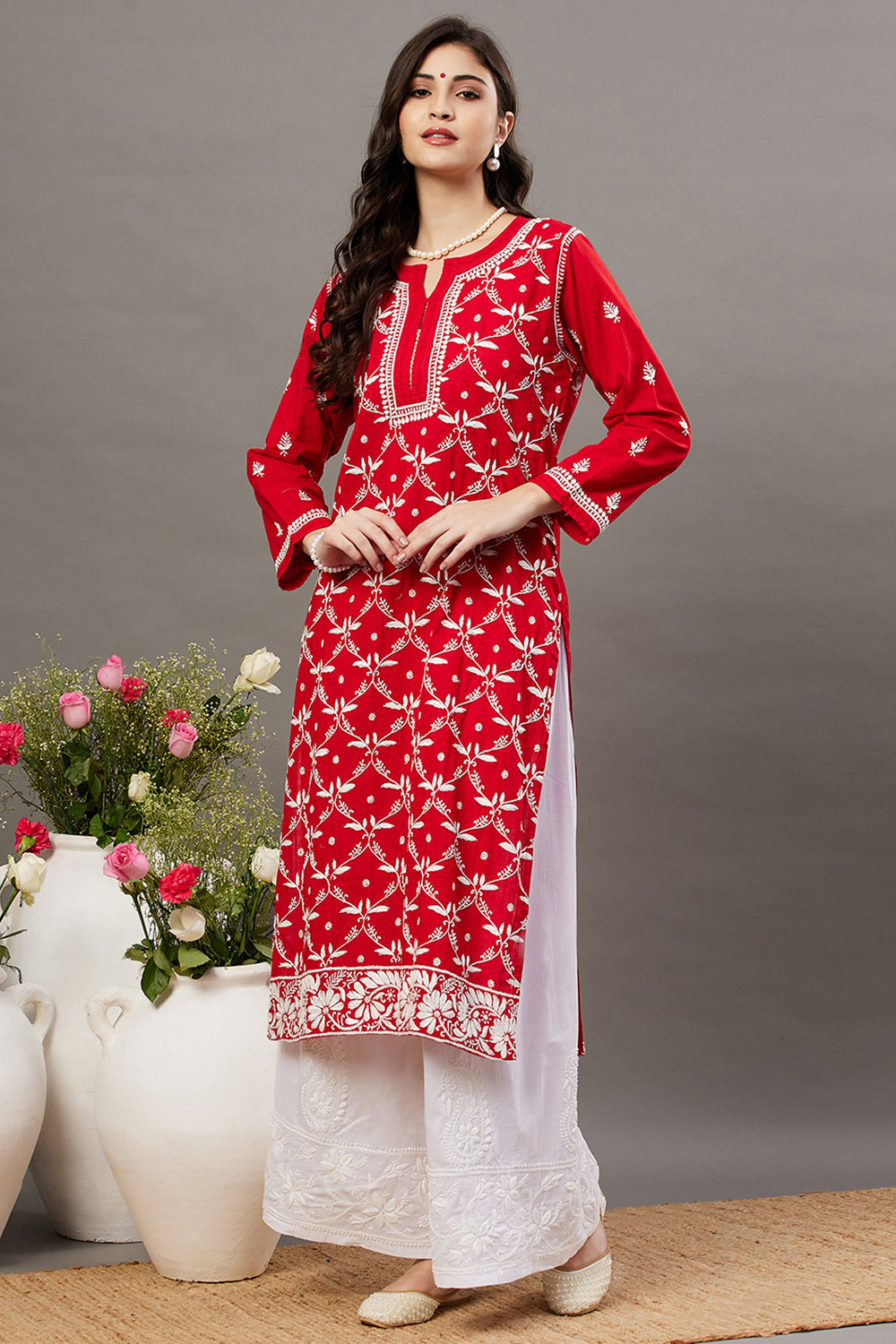 Red Kurta Set With Chikankari