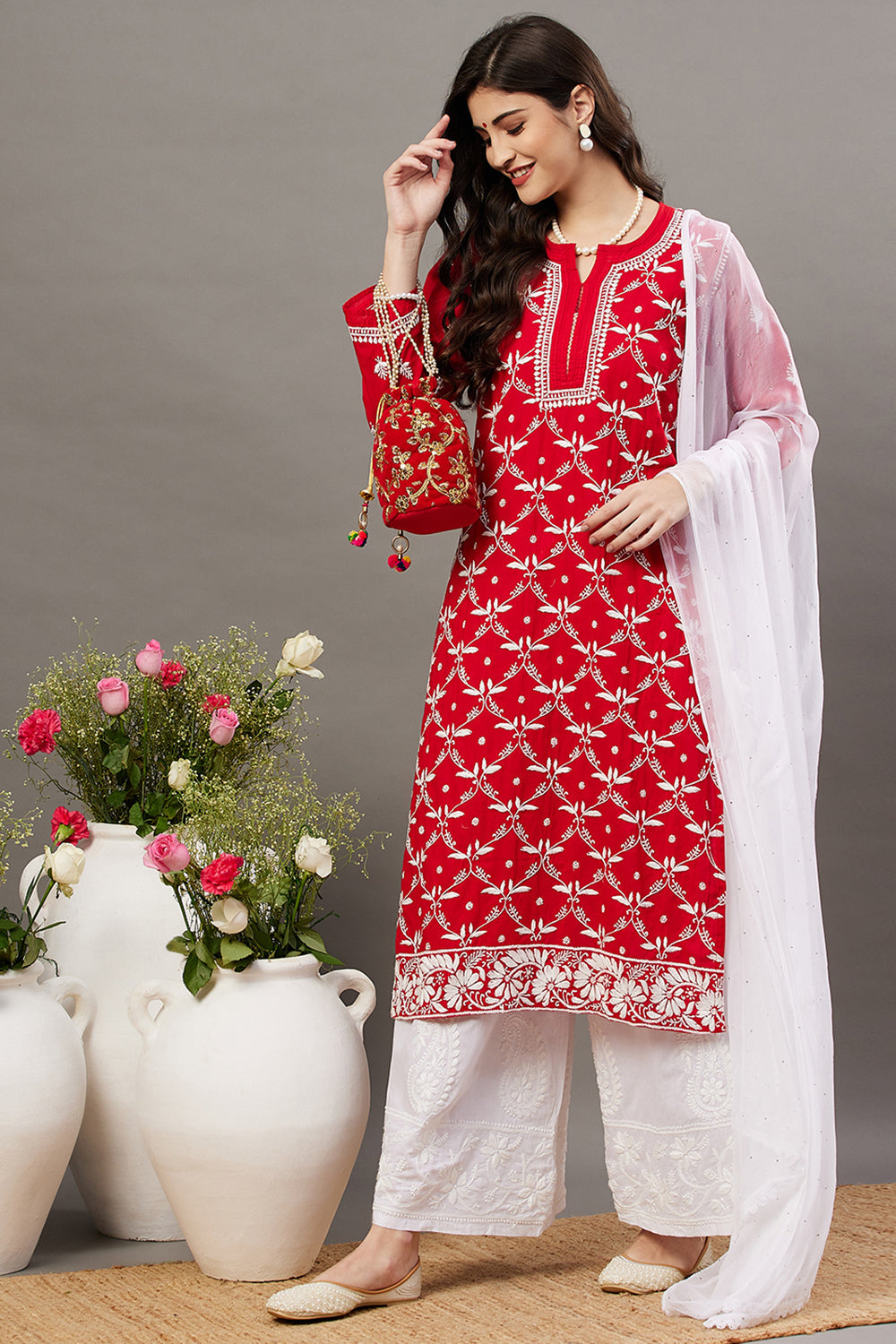 Red Kurta Set With Chikankari