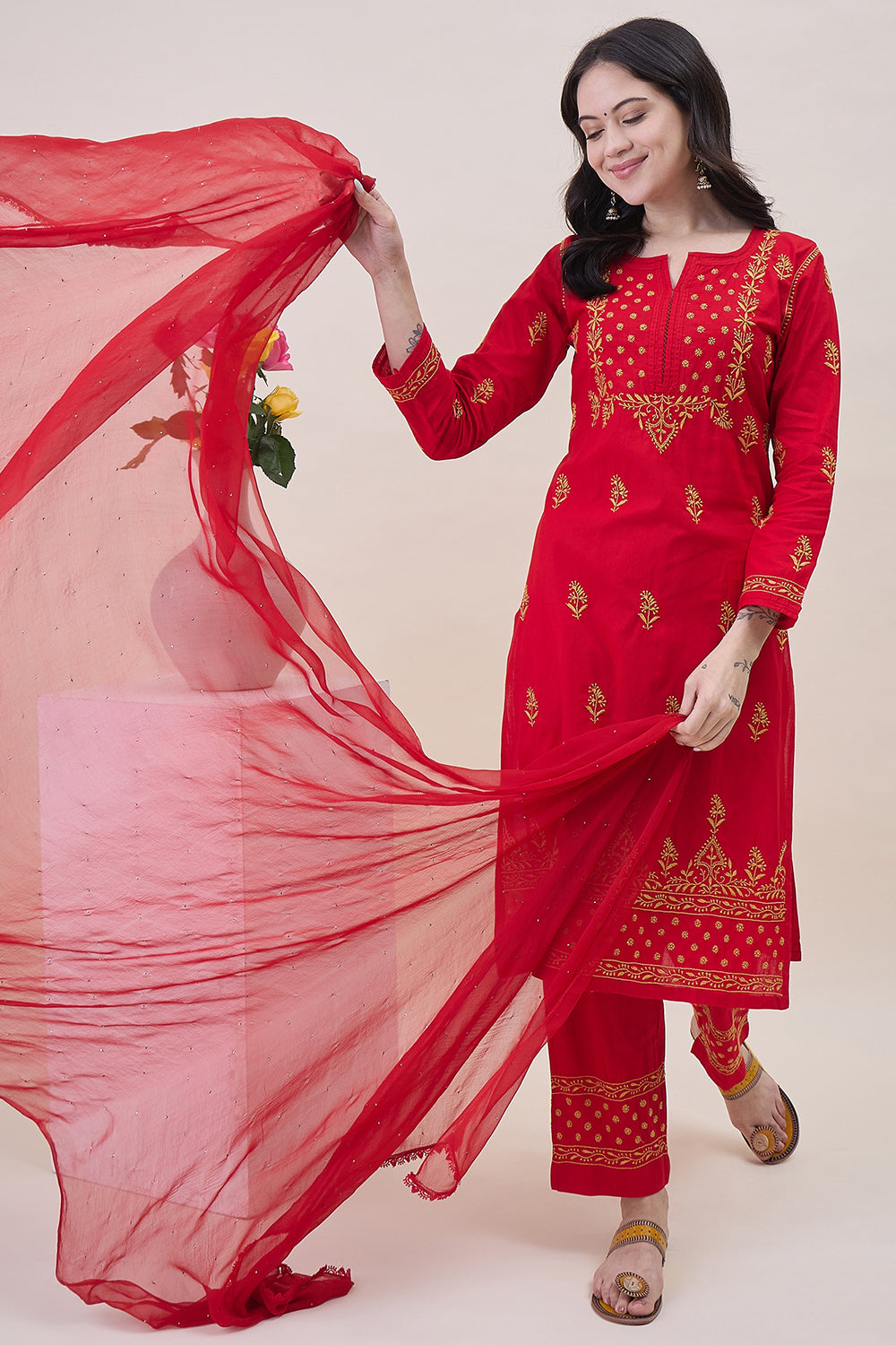 Red Chiffon Dupatta With Mukaish Work And Lace