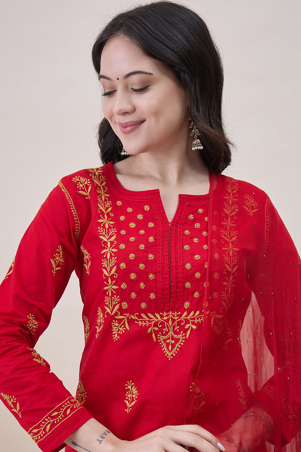 Red Chiffon Dupatta With Mukaish Work And Lace