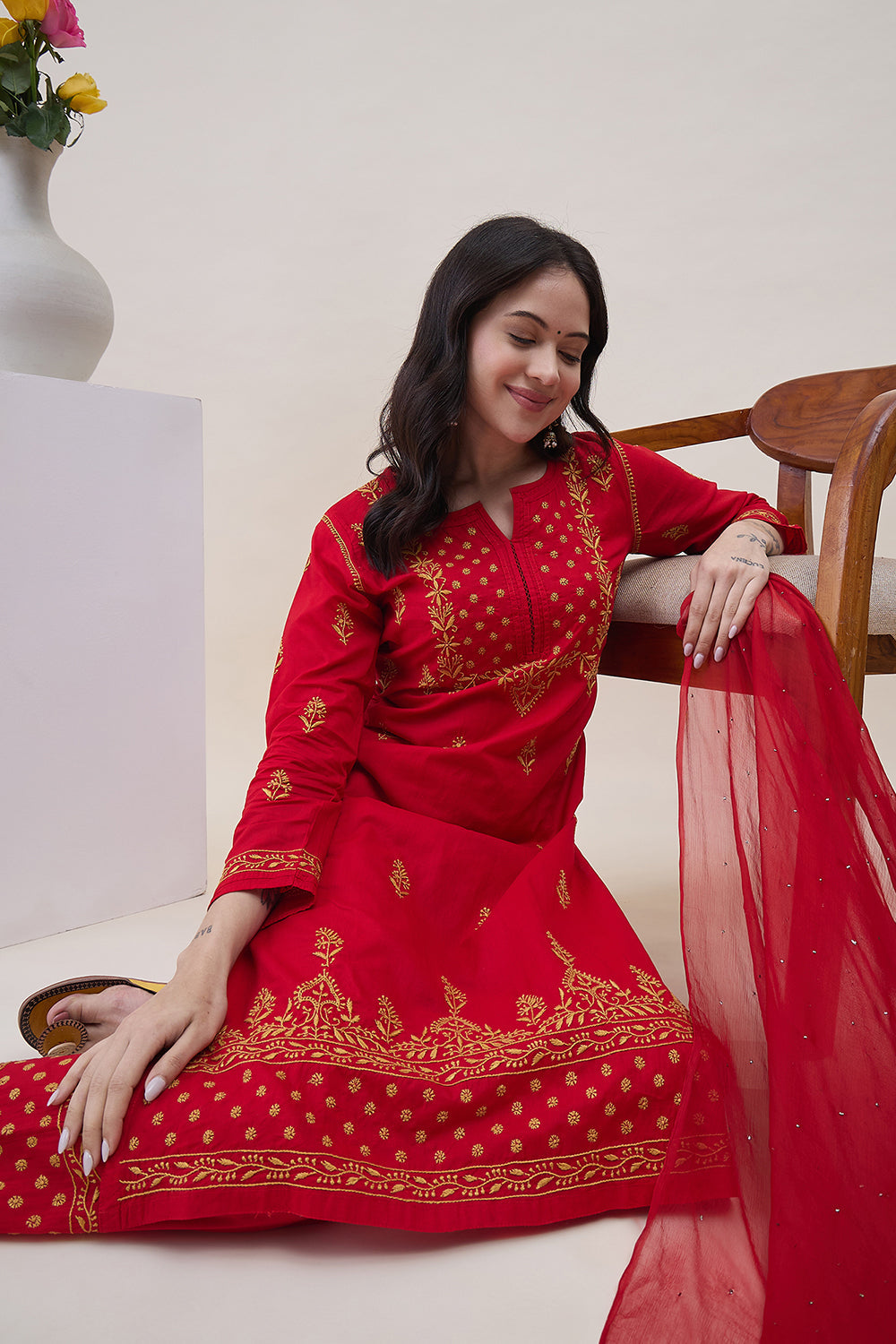 Red Chiffon Dupatta With Mukaish Work And Lace