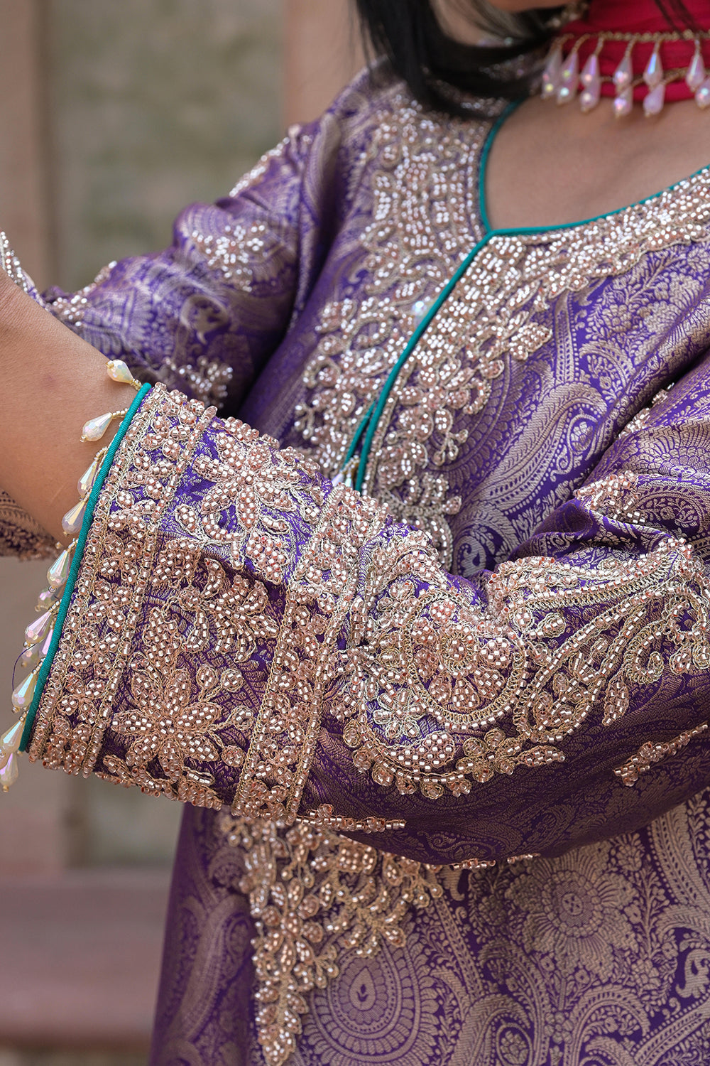 Rama Green Brocade 3D Effect Kurti Teal Pant Ensemble