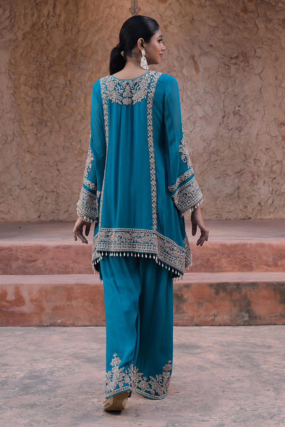 Rama Green Georgette Beads Embroidered Kurta Palazzo Set