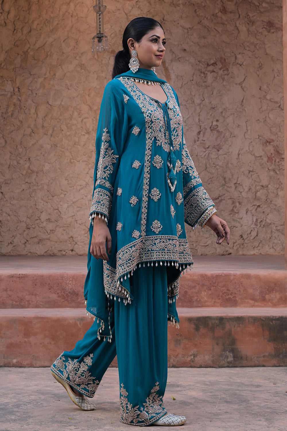 Rama Green Georgette Beads Embroidered Kurta Palazzo Set