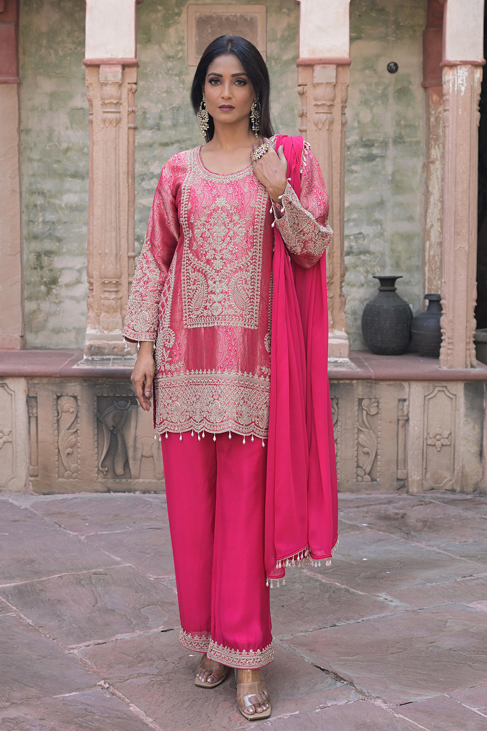 Rani Pink Brocade Kurti Pant Set Indian Party Outfit