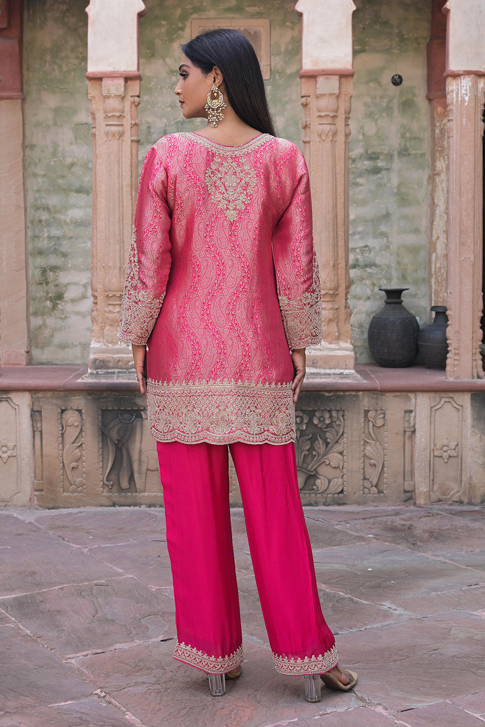 Rani Pink Brocade Kurti Pant Set Indian Party Outfit