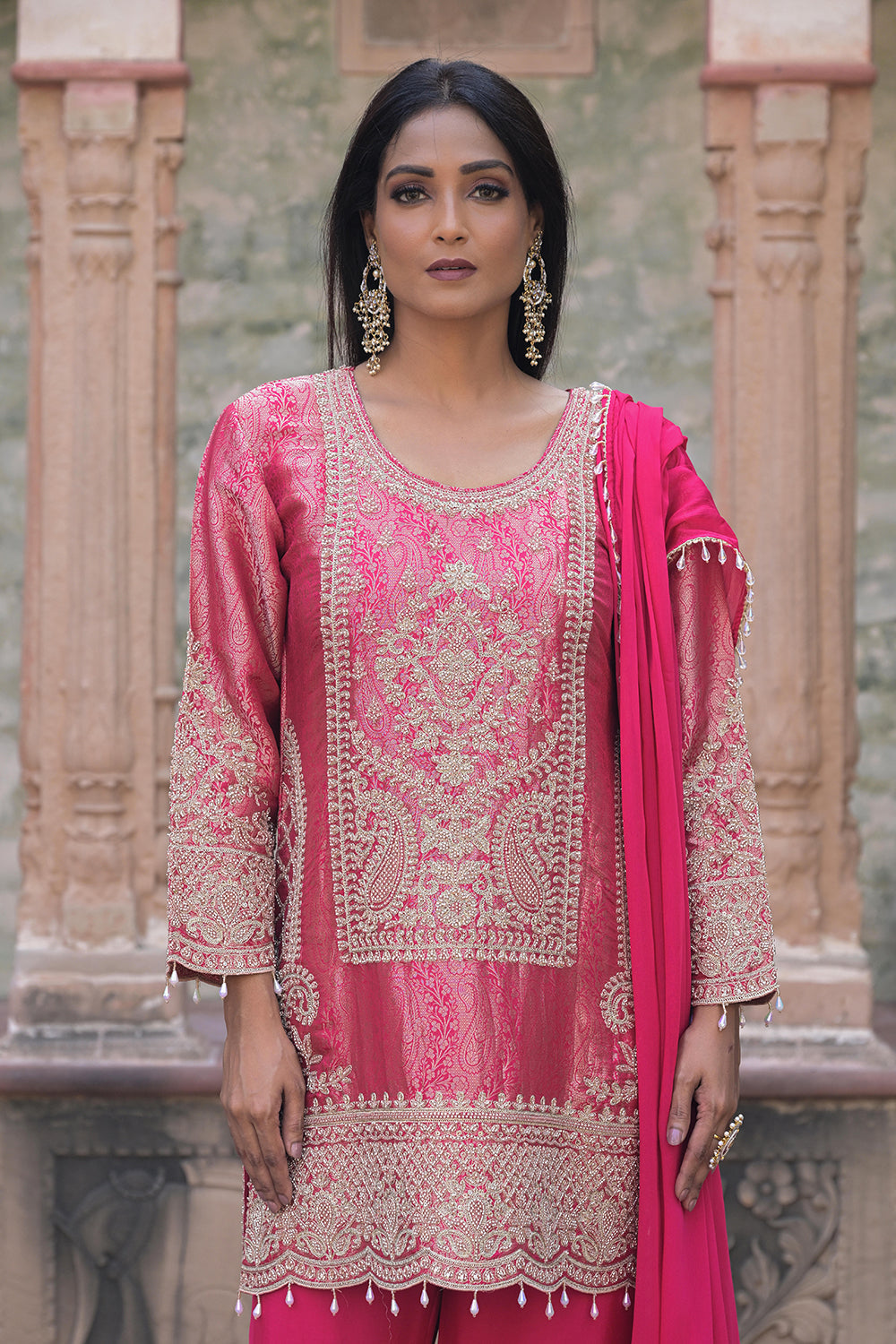 Rani Pink Brocade Kurti Pant Set Indian Party Outfit