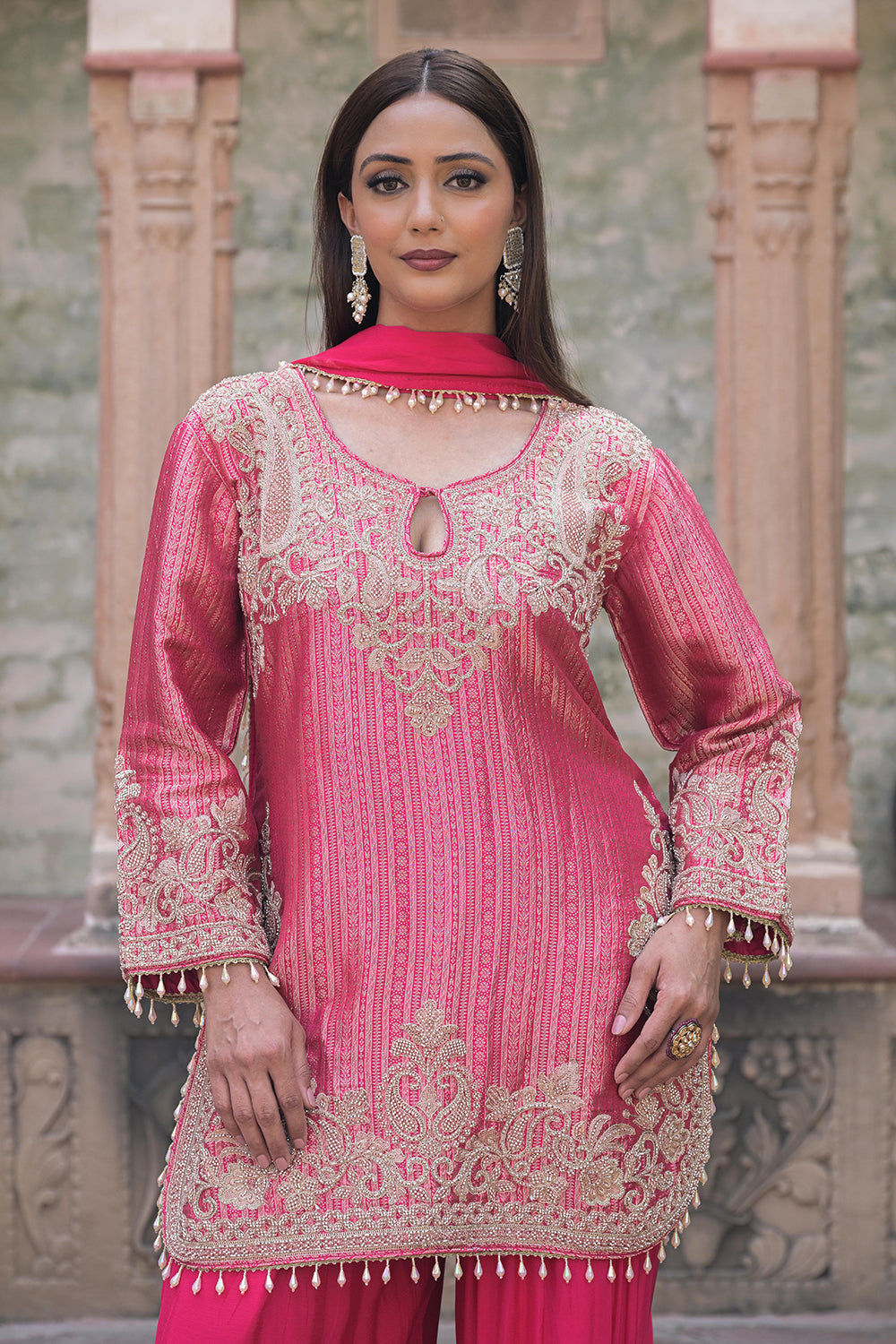Rani Pink Brocade Kurti Plazzo Set Ethnic Party Look