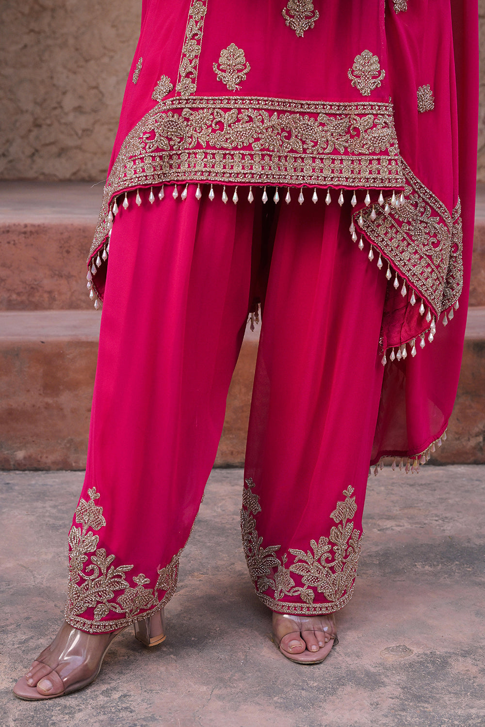 Rani Pink Georgette Beads Work Kurta Palazzo Set