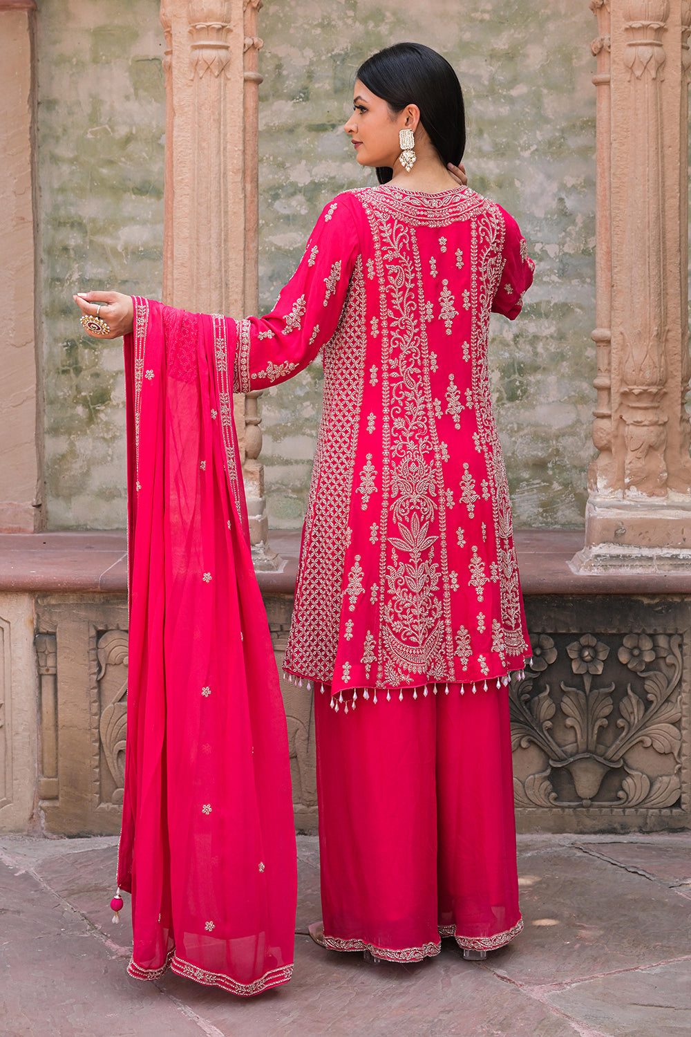 Rani Pink Georgette Beads Work Kurta Palazzo Set