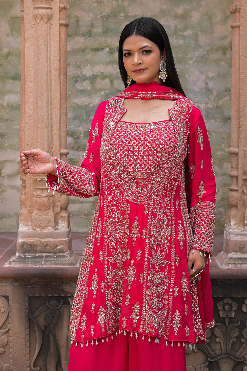 Rani Pink Georgette Beads Work Kurta Palazzo Set