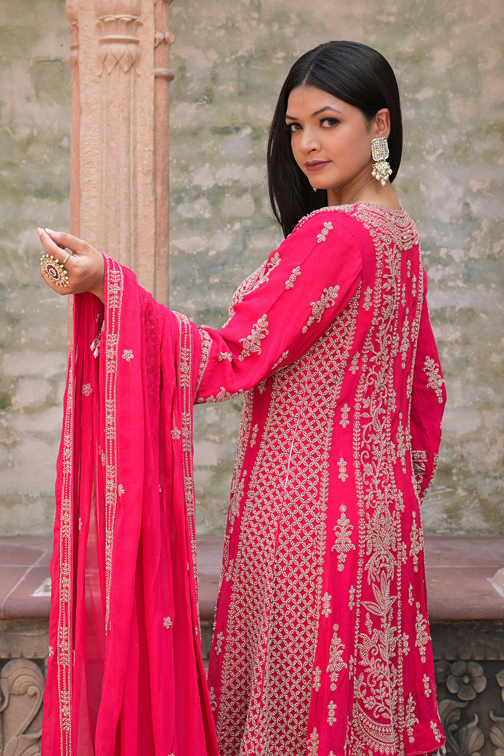 Rani Pink Georgette Beads Work Kurta Palazzo Set