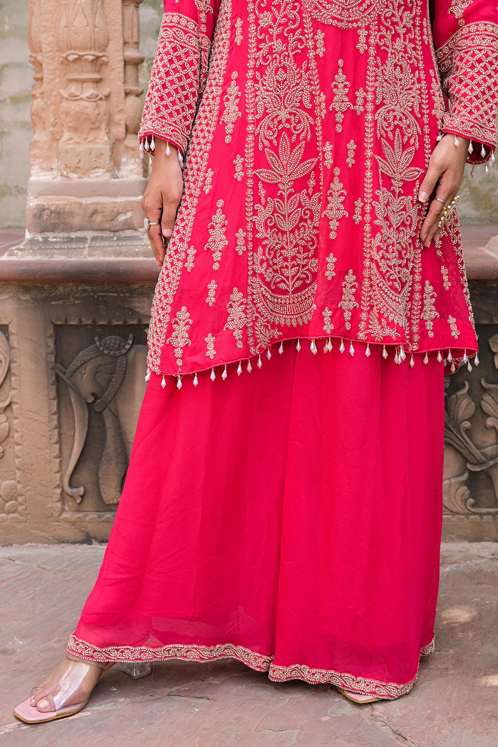 Rani Pink Georgette Beads Work Kurta Palazzo Set