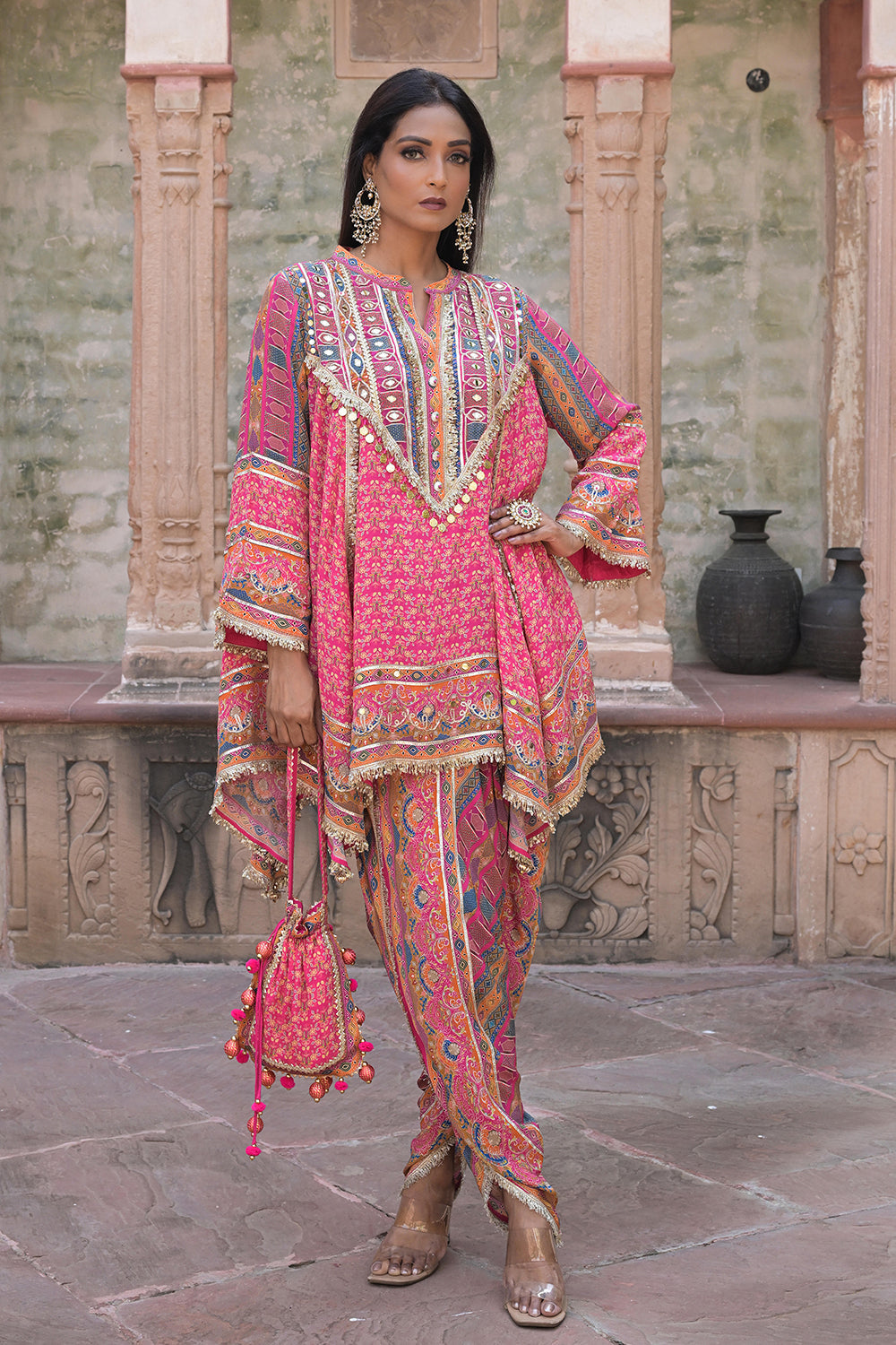 Rani Pink Viscose Crepe Suit Set with Tulip Pants – Festive Glamor