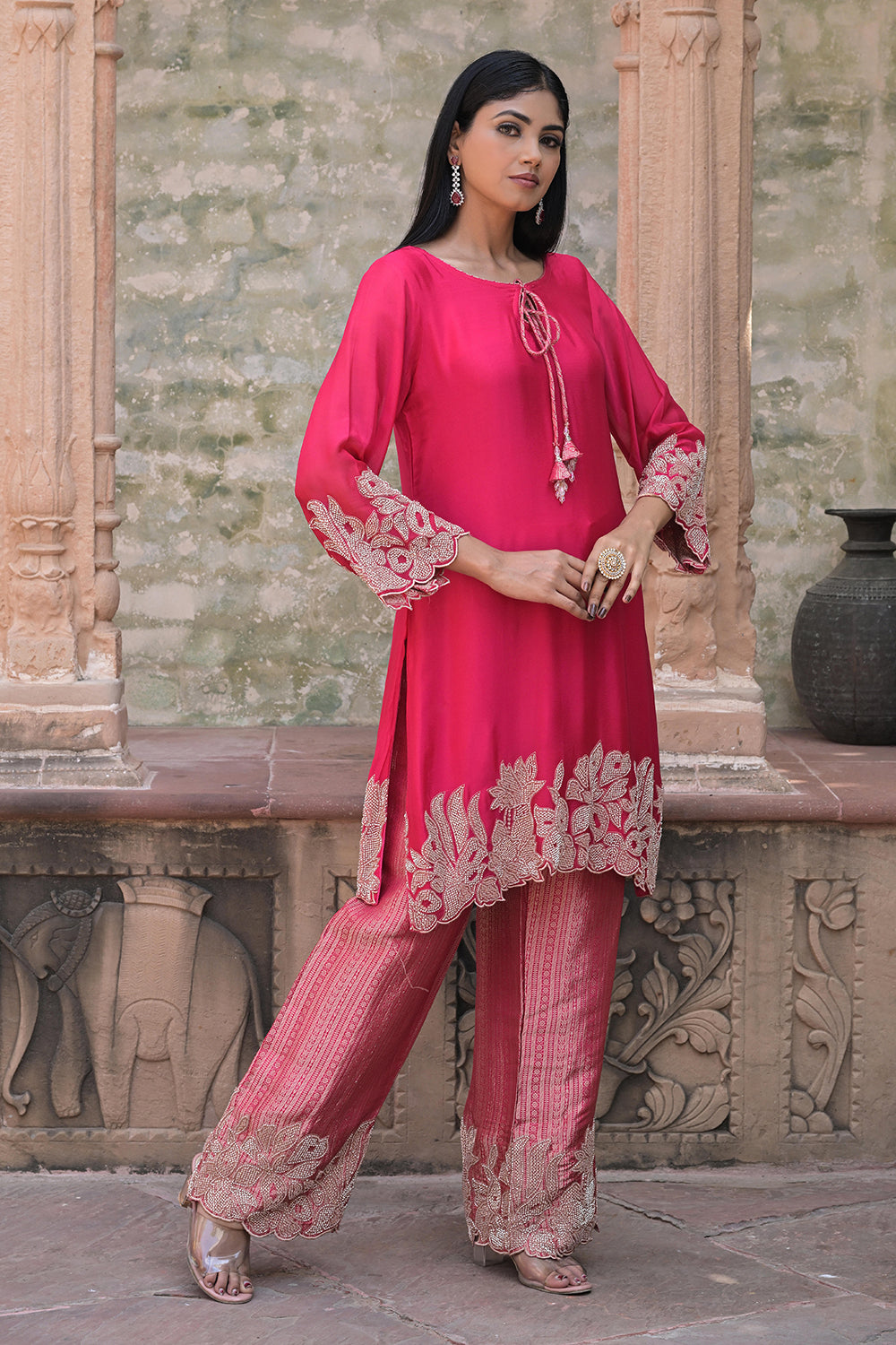 Rani Red Brocade Kurti Pant Set Elegant Party Outfit