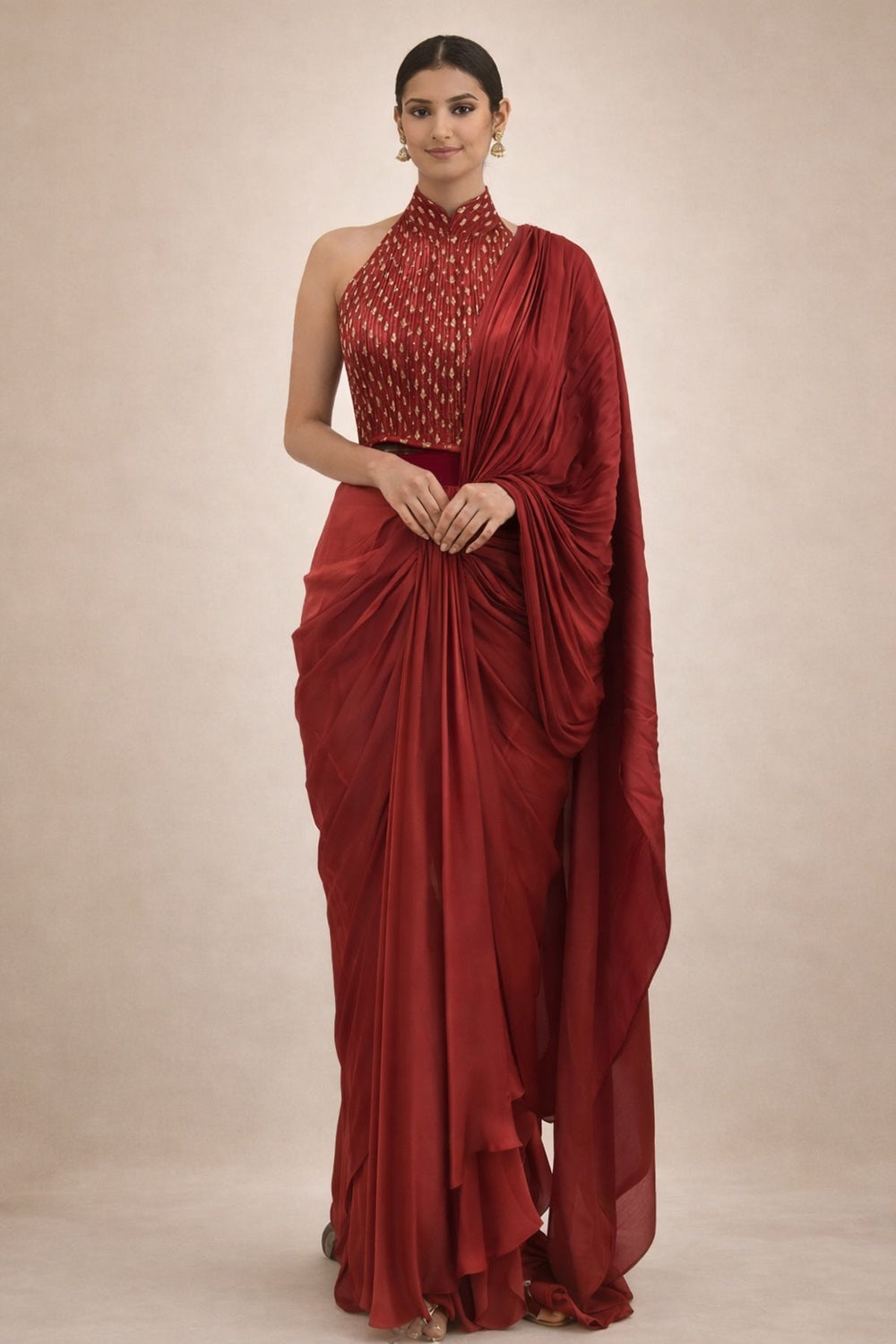 Ready to wear saree with pleated halter blouse