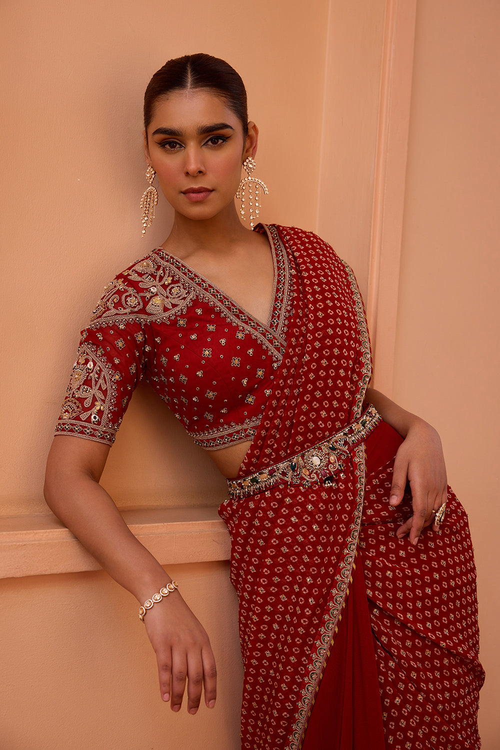 Red bandhani pre drape saree set with detachable pallu and belt