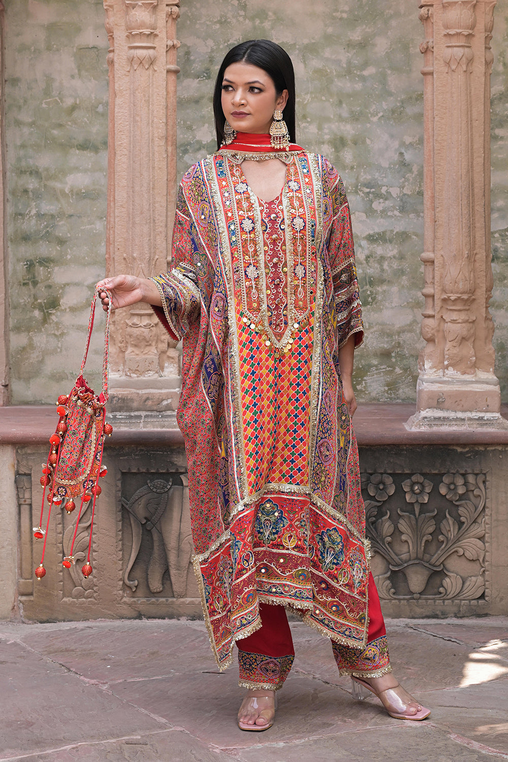 Red Crepe Kaftan Pant Set Embroidered Indian Festive Wear