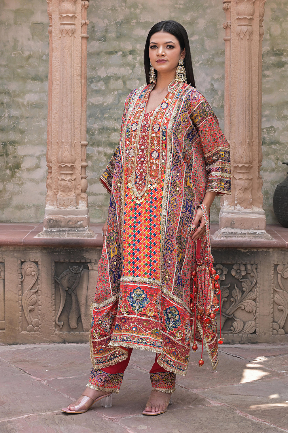 Red Crepe Kaftan Pant Set Embroidered Indian Festive Wear