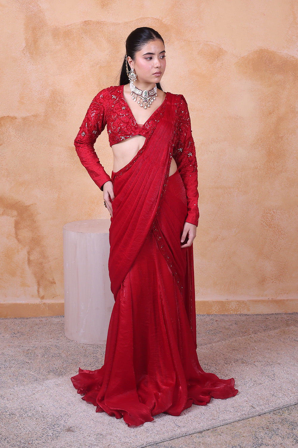 Red Draped Saree with Embellised Full Sleeve Blouse