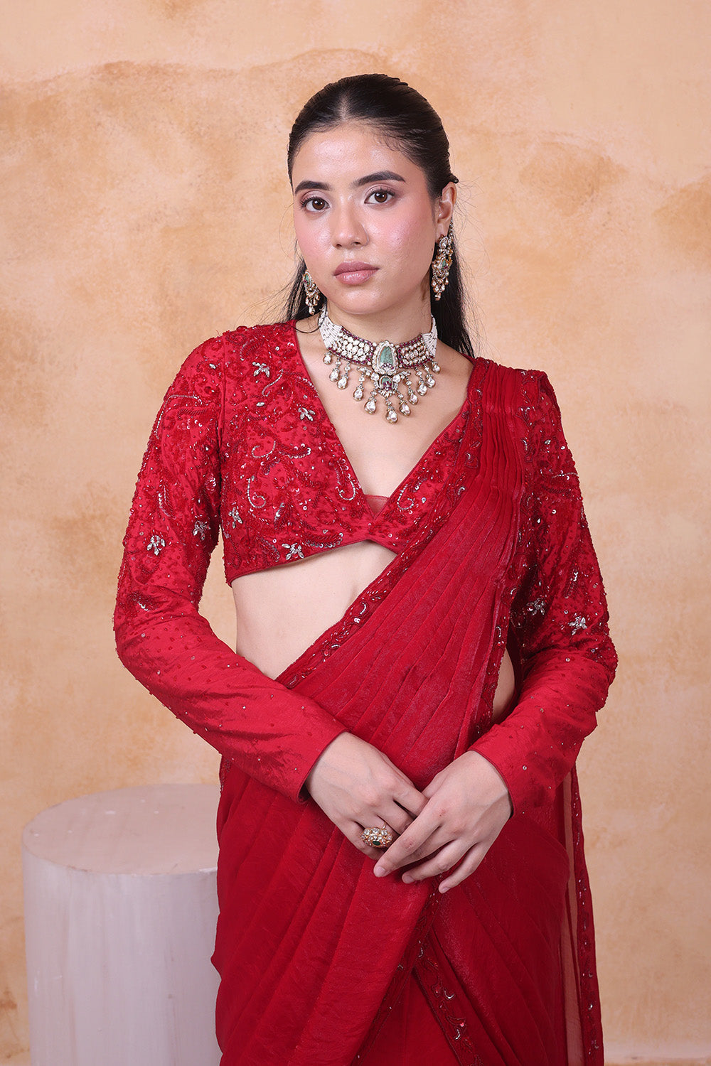 Red Draped Saree with Embellised Full Sleeve Blouse