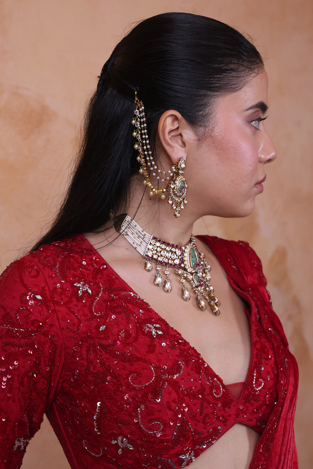 Red Draped Saree with Embellised Full Sleeve Blouse
