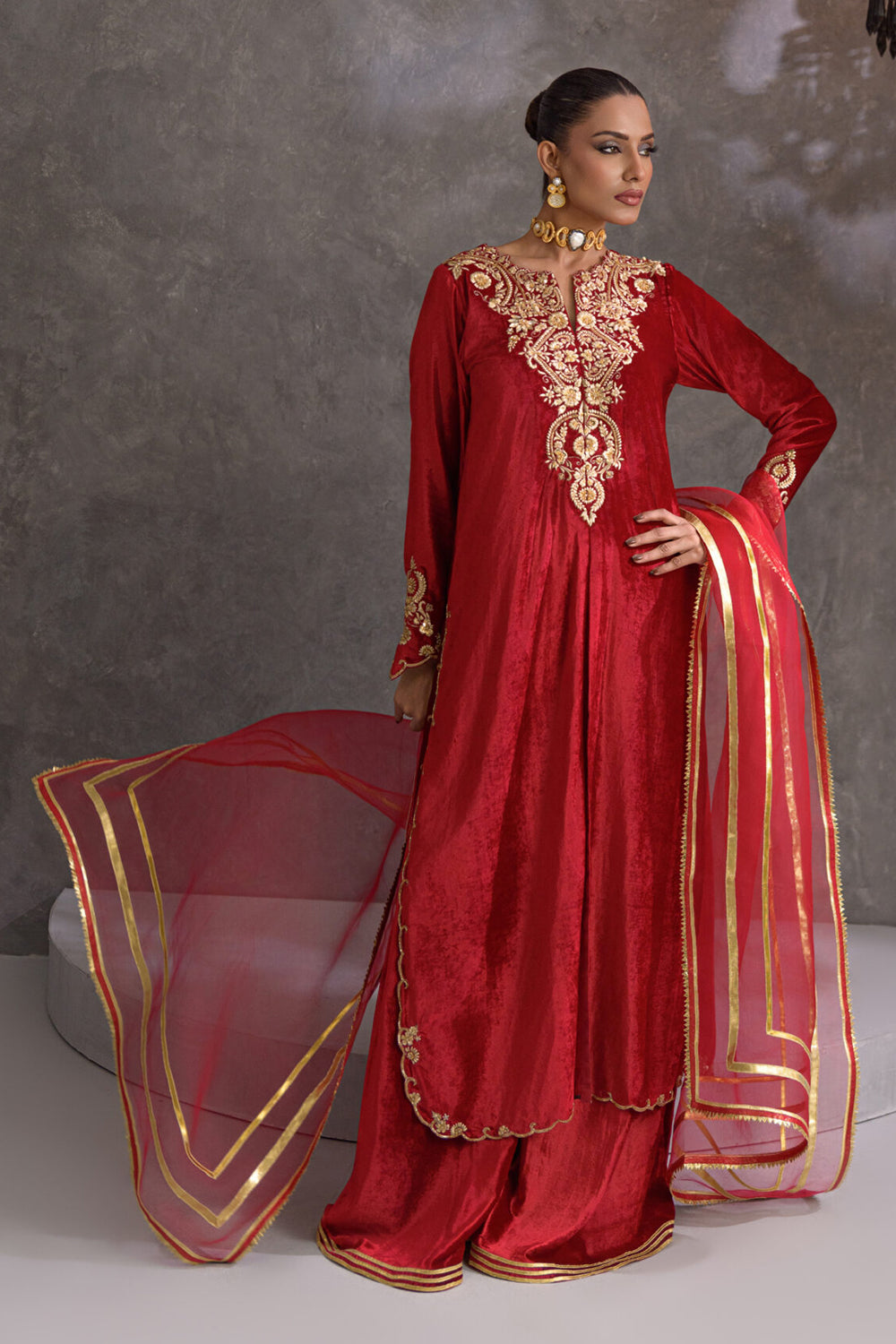 Red Embroidered Comfort Fit Suit Set