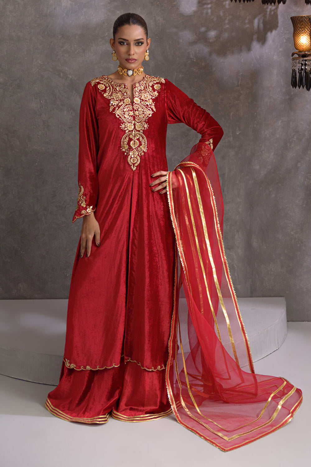 Red Embroidered Comfort Fit Suit Set
