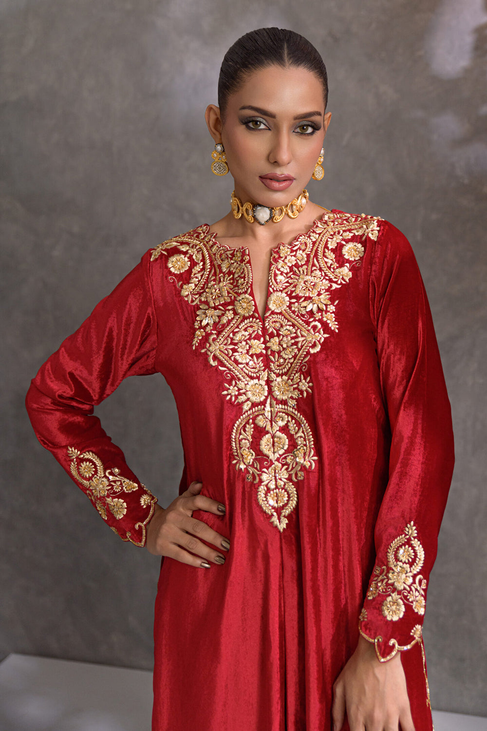 Red Embroidered Comfort Fit Suit Set