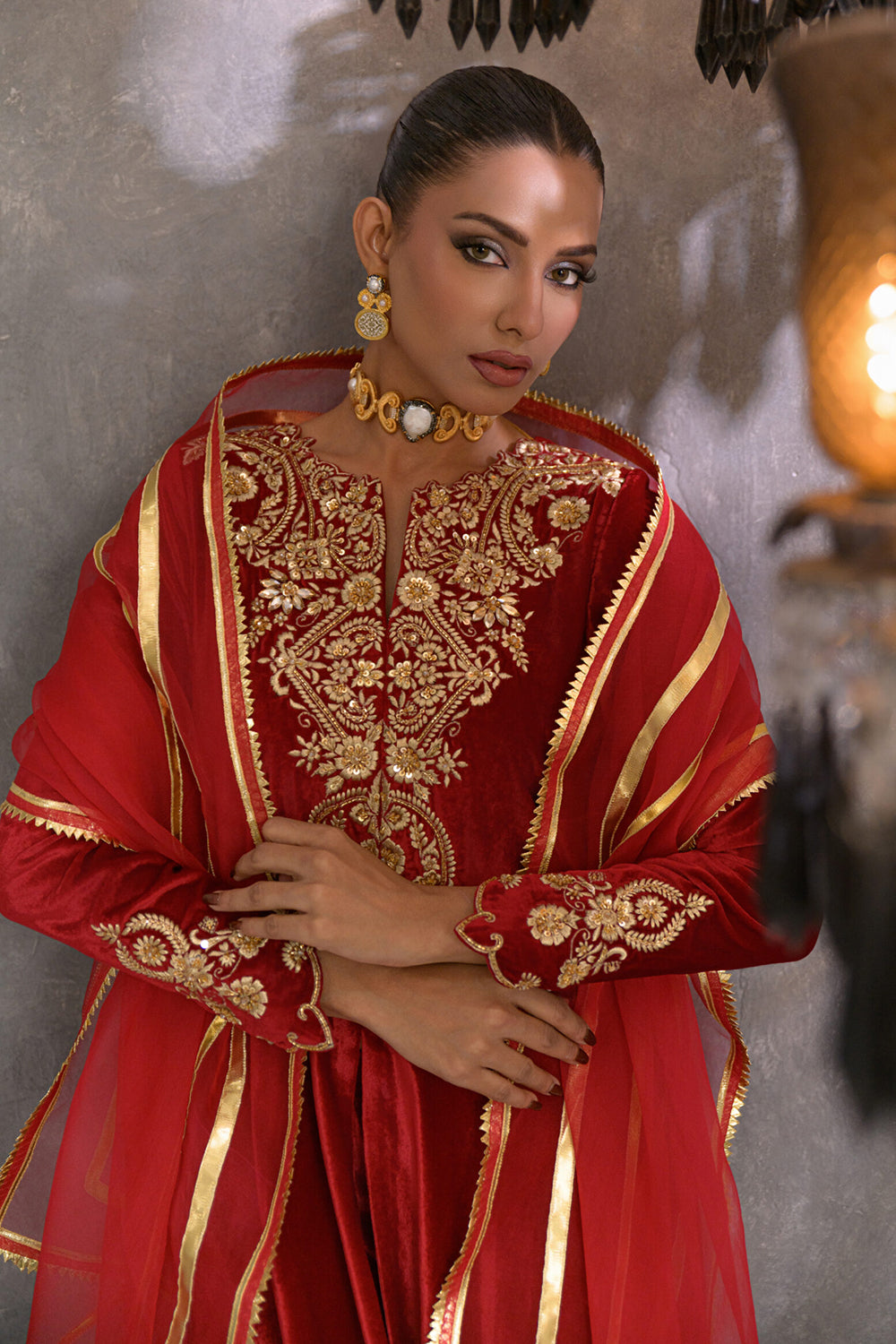 Red Embroidered Comfort Fit Suit Set