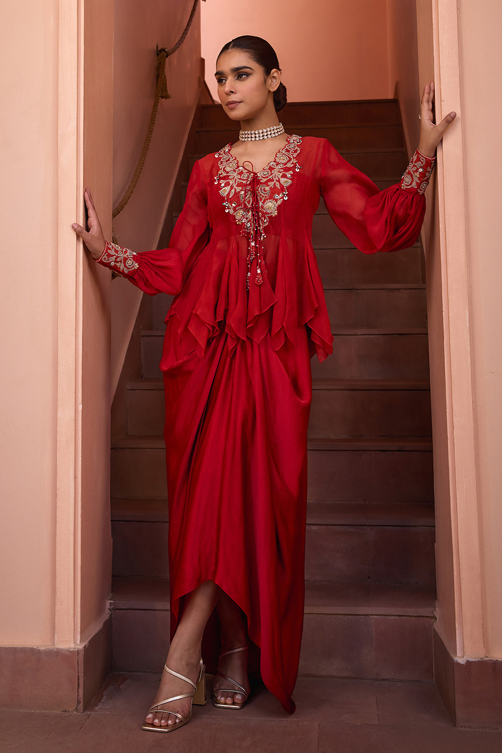 Red embroidered organza top with drape skirt