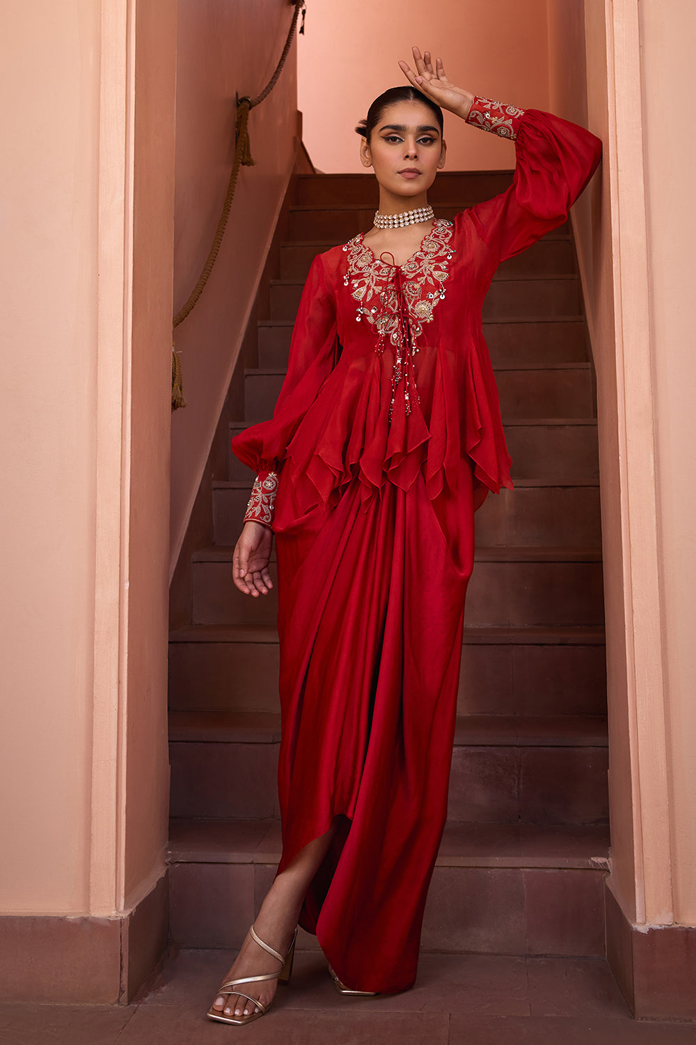 Red embroidered organza top with drape skirt