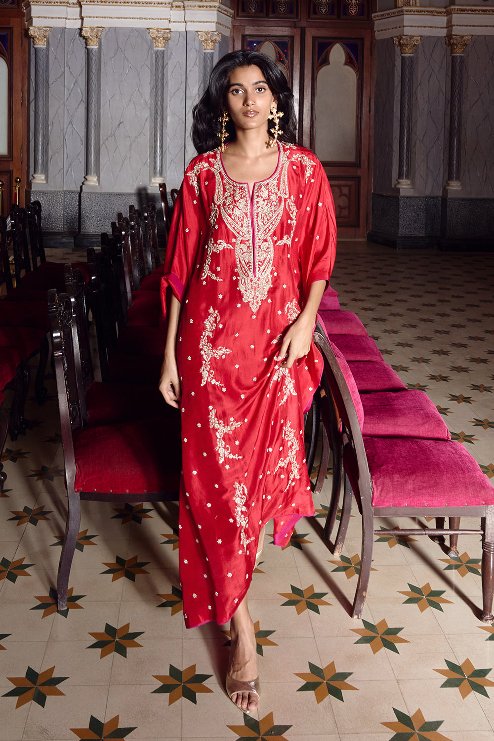 Red Flower Line Kaftan Set
