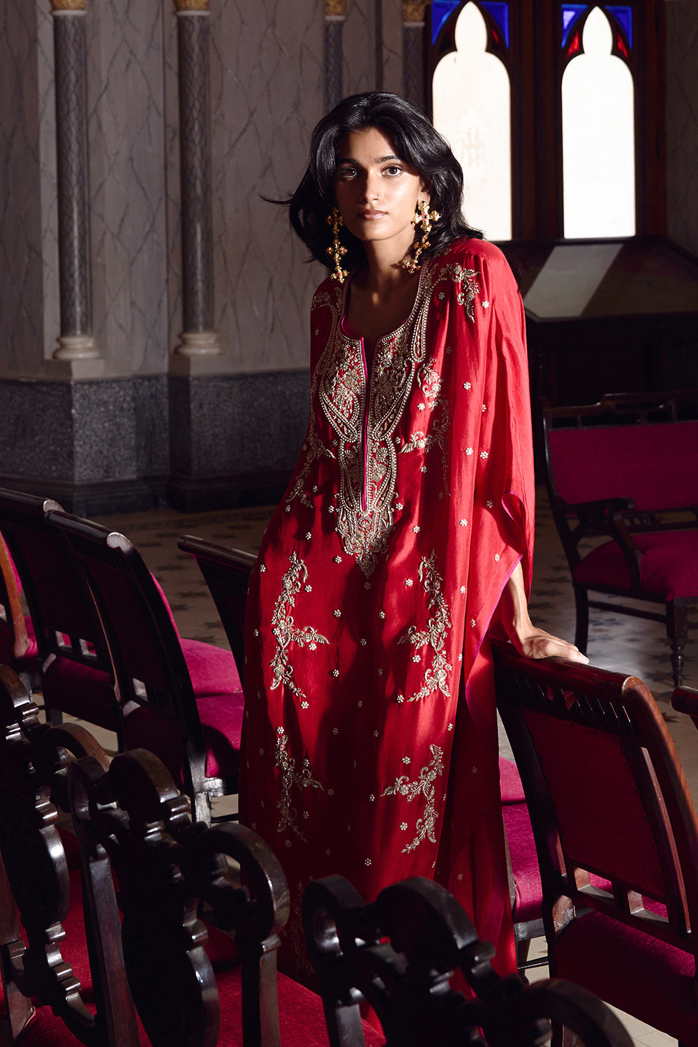Red Flower Line Kaftan Set