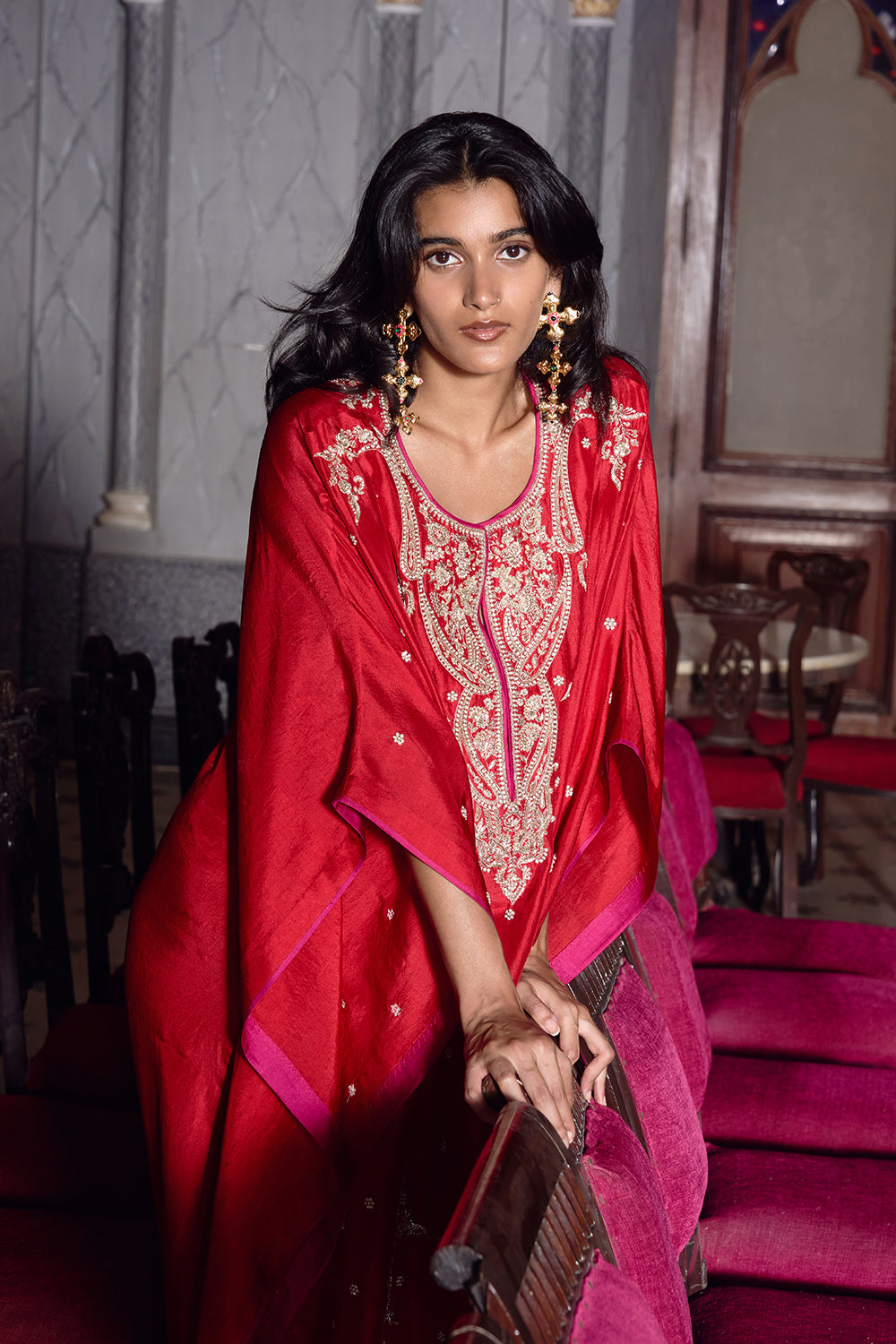 Red Flower Line Kaftan Set