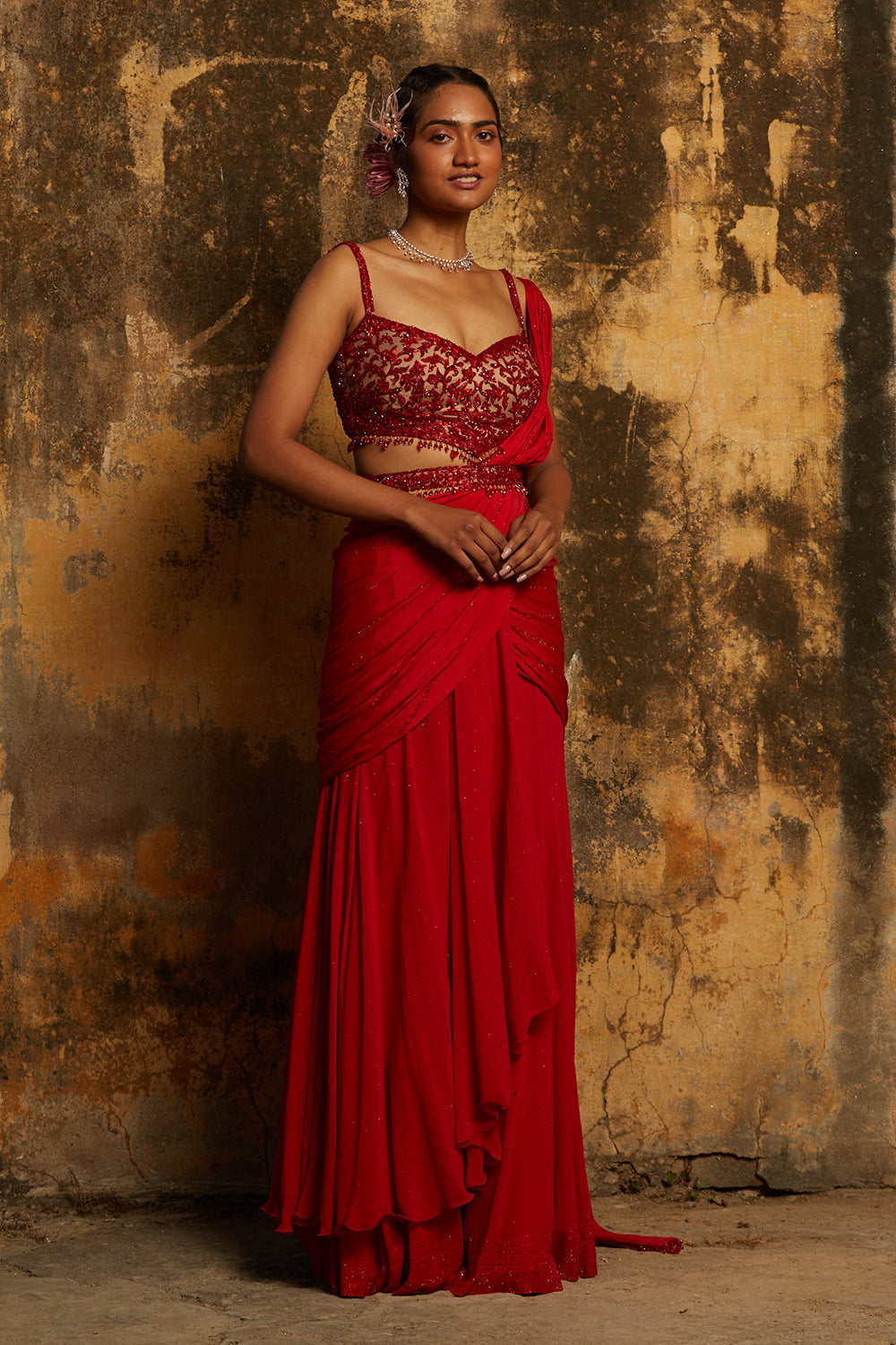 Red Georgette Drape Saree With Belt