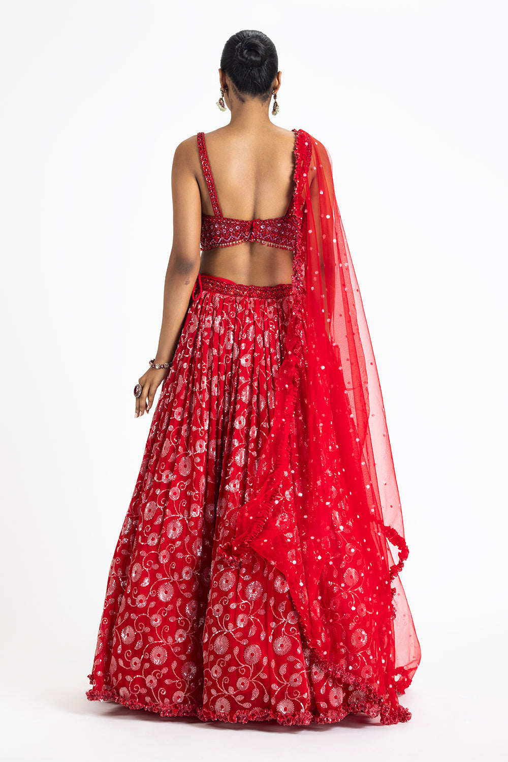 Red Georgette Lehenga With Bustier Blouse And Net Dupatta