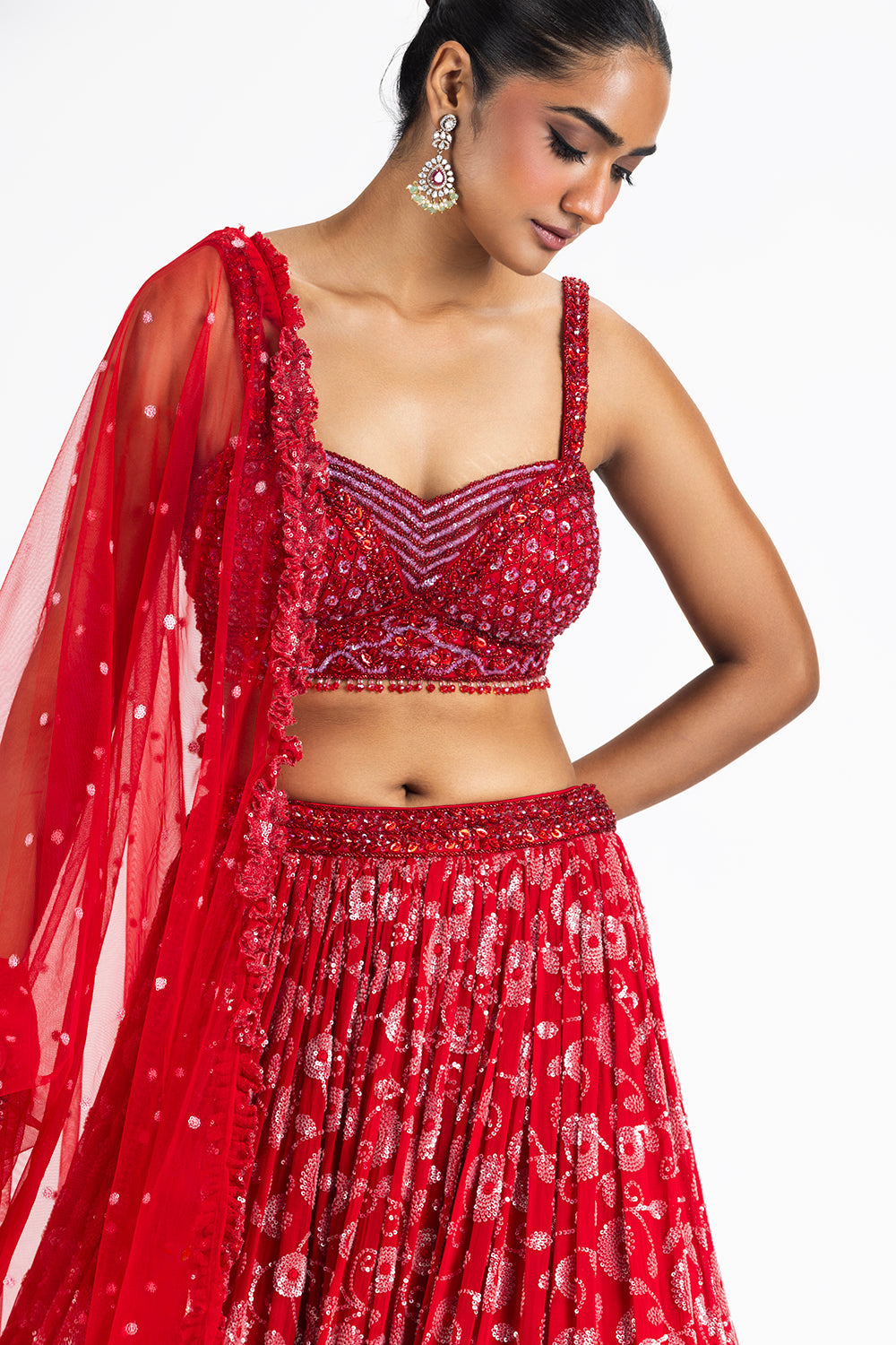 Red Georgette Lehenga With Bustier Blouse And Net Dupatta