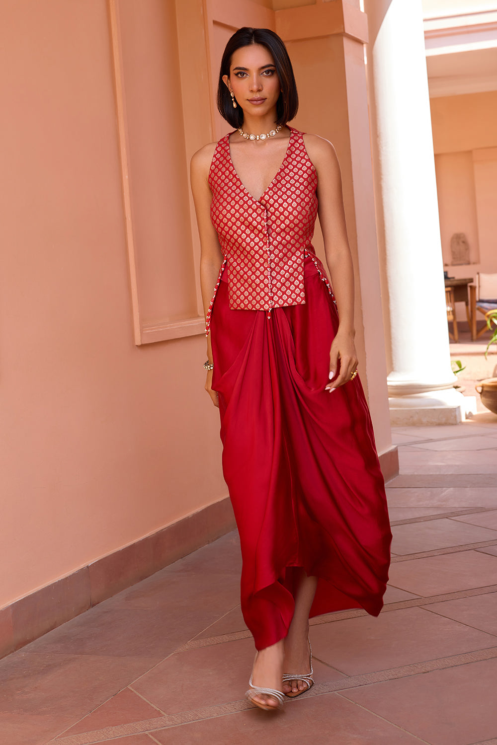 Red jacket with drape skirt set