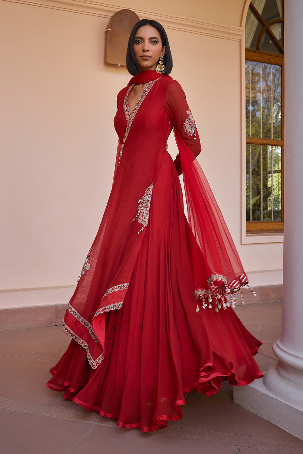 red layered and embroidered anarakali gown with dupatta