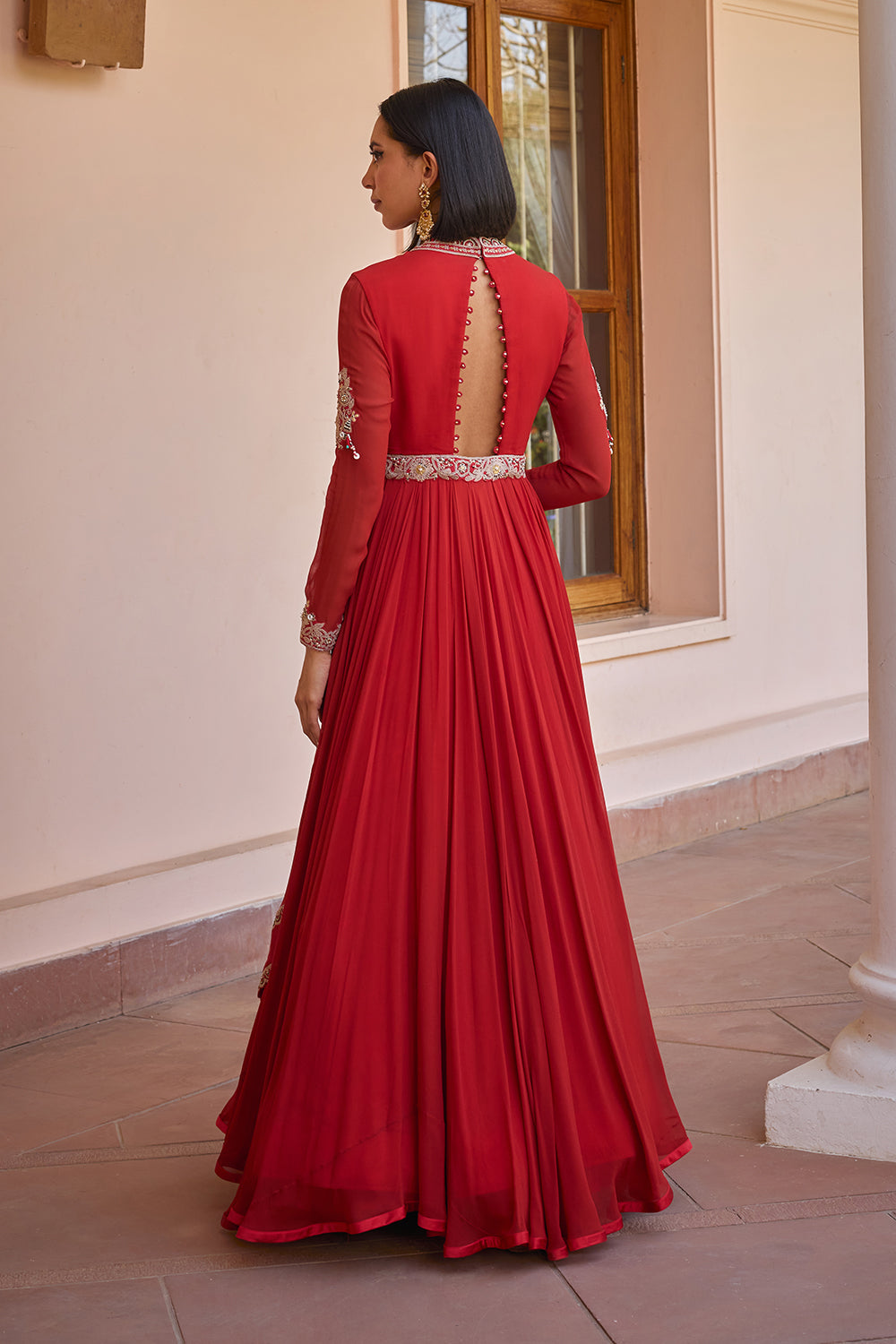 red layered and embroidered anarakali gown with dupatta