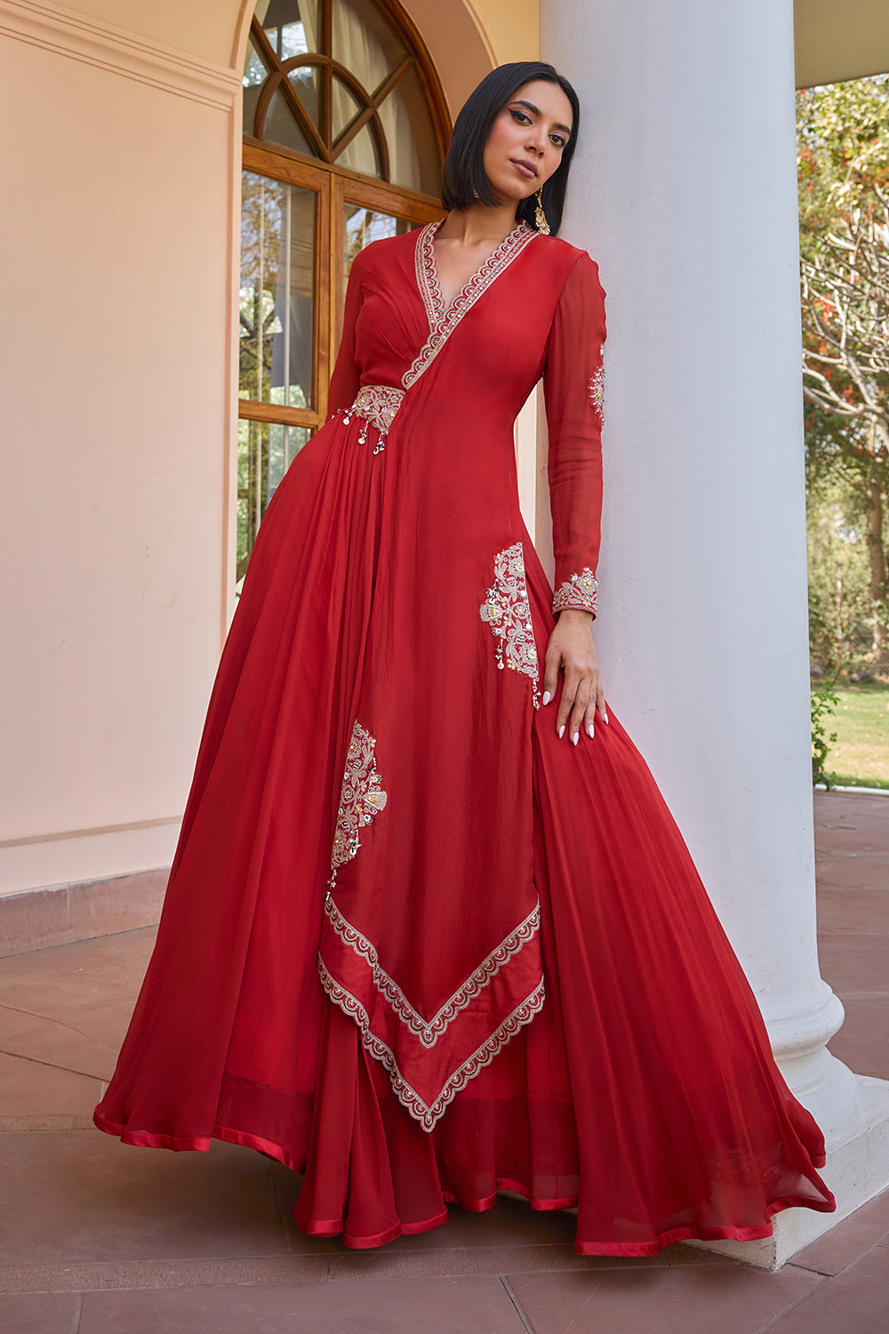 red layered and embroidered anarakali gown with dupatta