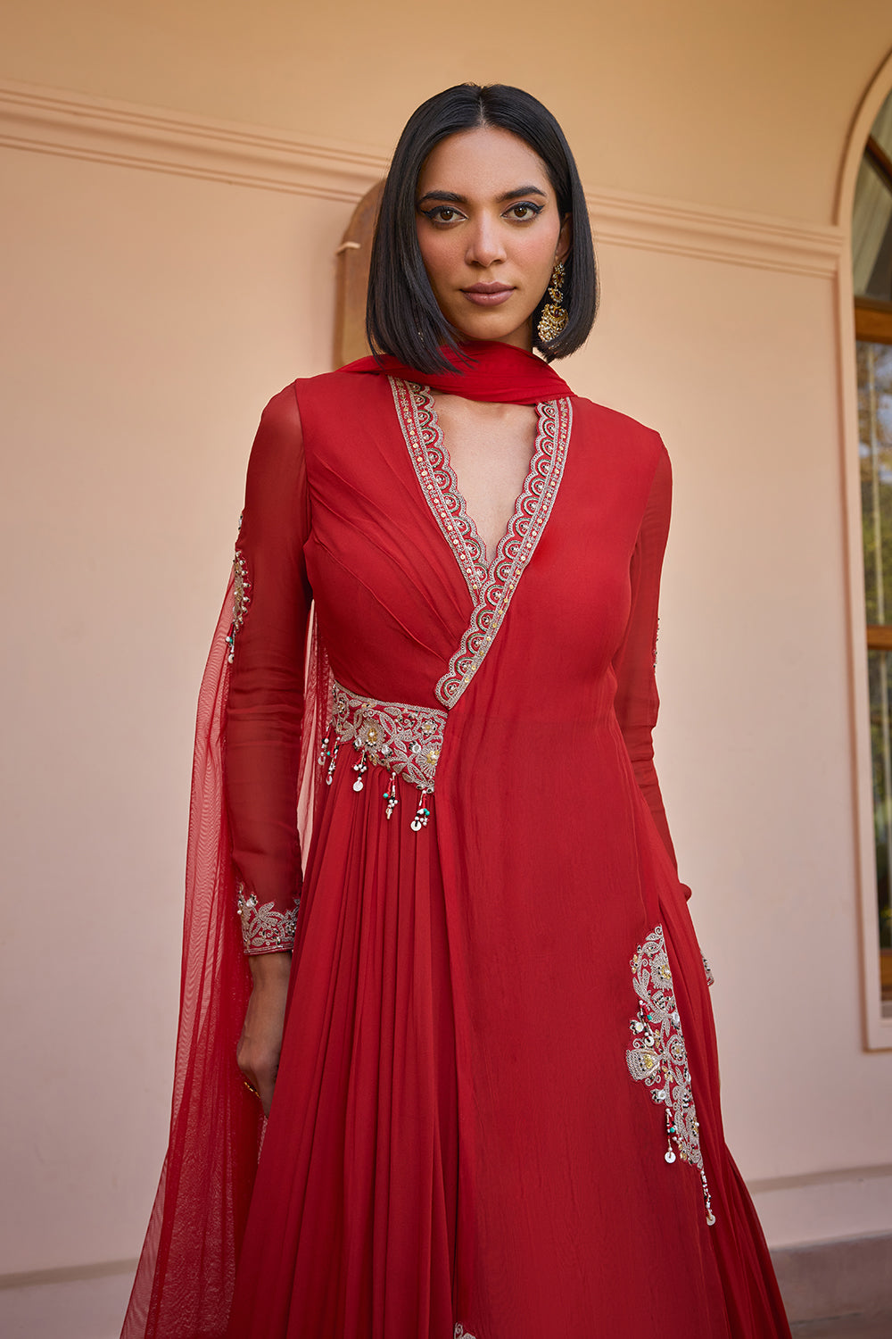 red layered and embroidered anarakali gown with dupatta