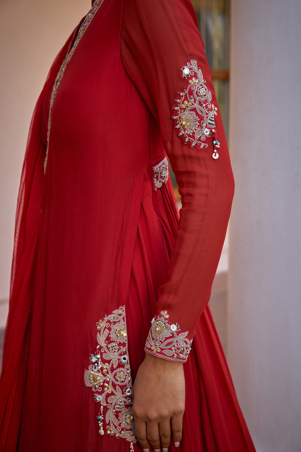 red layered and embroidered anarakali gown with dupatta