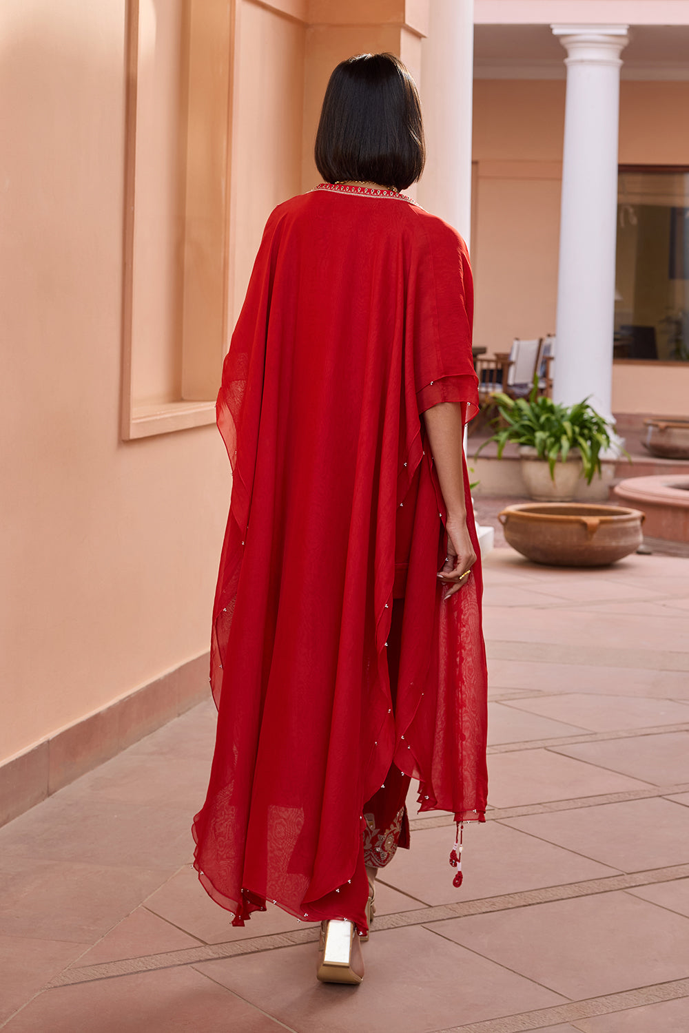 Red linen satin embroidered kurta set with free size cape