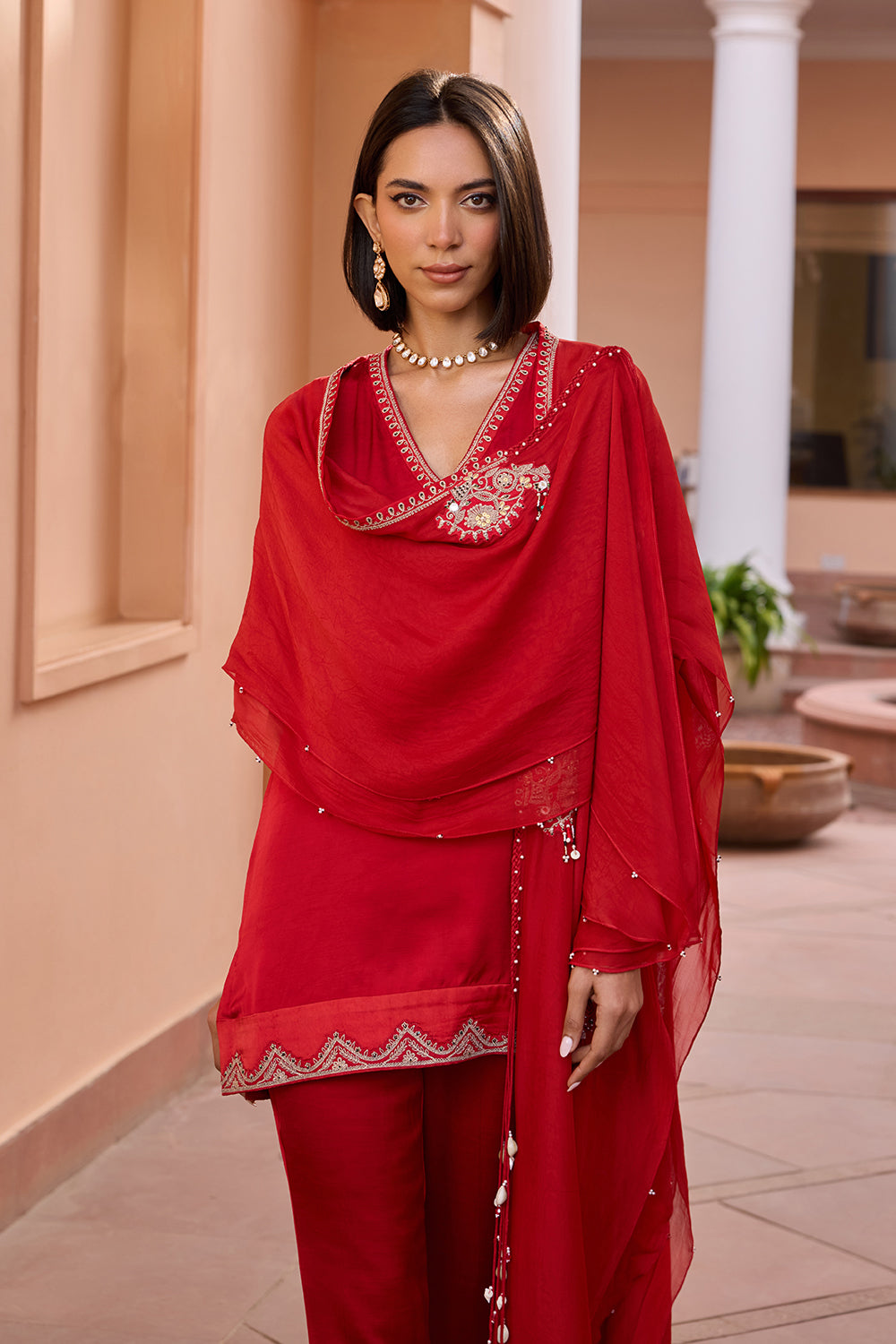 Red linen satin embroidered kurta set with free size cape