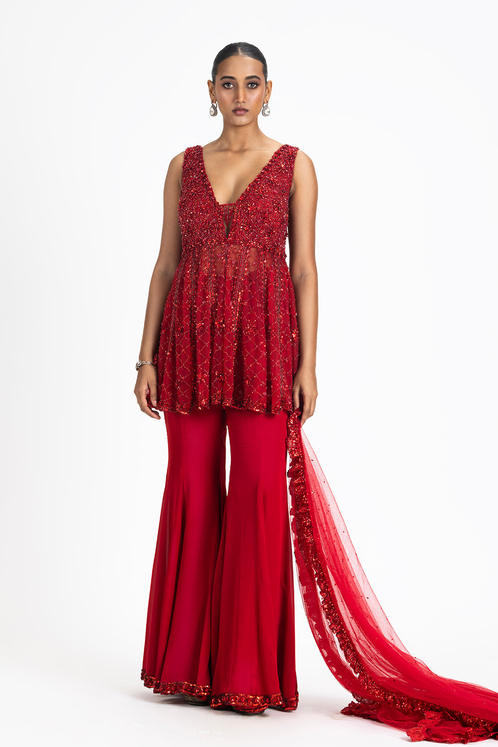Red Net Peplum kurta and Sharara Set
