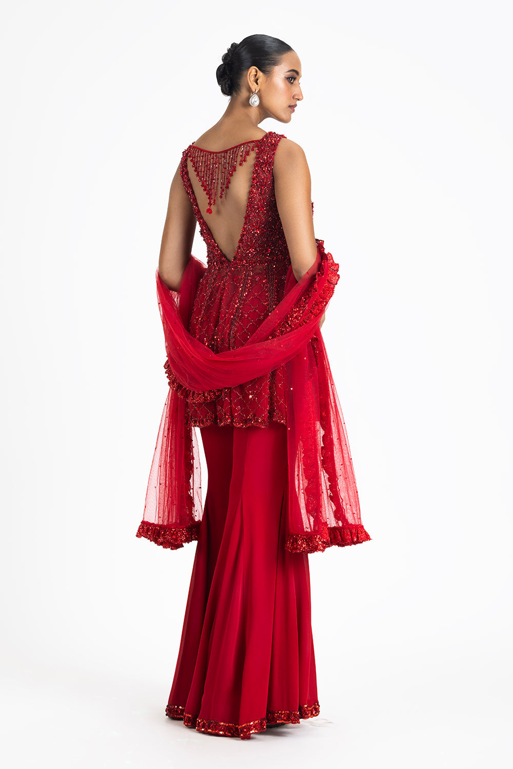 Red Net Peplum kurta and Sharara Set